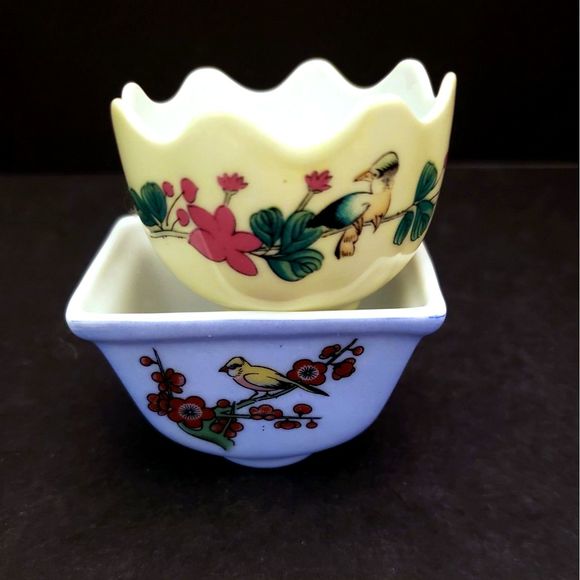 Porcelain Lillian Vernon Trinket Bowls Birds Flowers Yellow Blue Vintage Chinese - Picture 10 of 11